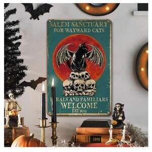NEW Halloween "Salem Sanctuary For Wayward Cats" TIN sign 12"x8"